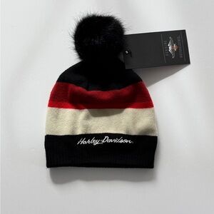 Harley-Davidson Red, Cream, black Stripe Pom Beanie
